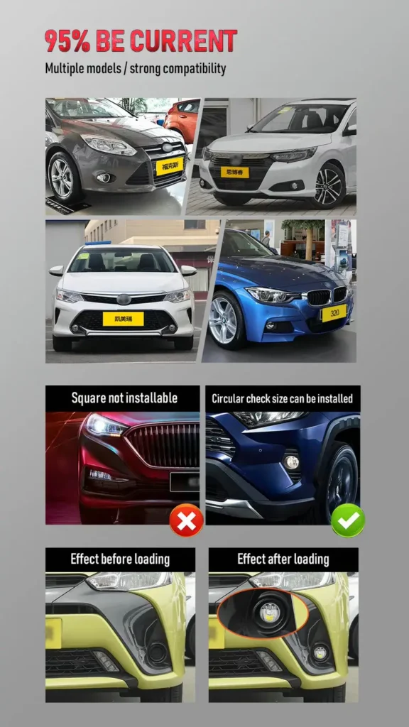 Universal 3 inch circular LED fog lights fitment guide showing 95 percent car model compatibility