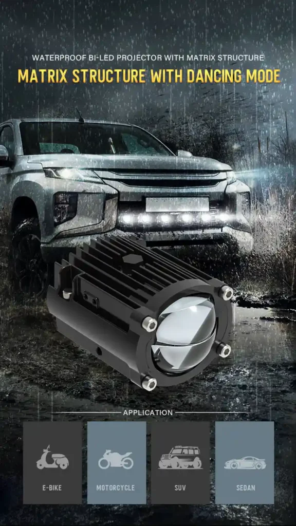 Waterproof matrix Bi-LED projector light installed on off-road SUV with application icons for e-bike, motorcycle, SUV, and sedan
