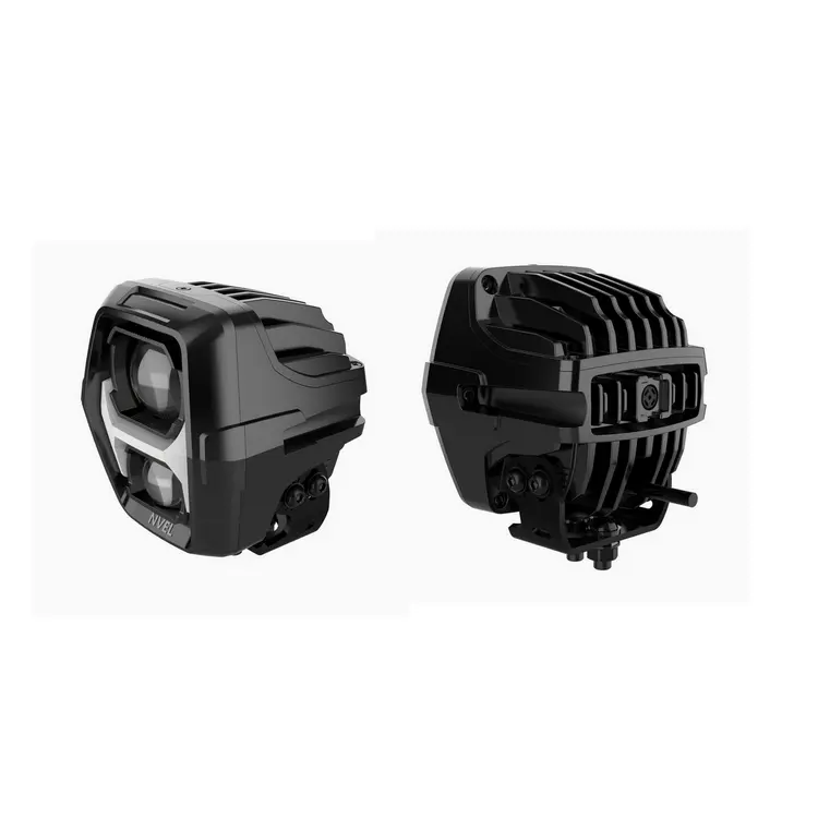 Front and back side-by-side view of the black X5 Bi-LED auxiliary driving light pod showing heavy duty bracket and cooling fins