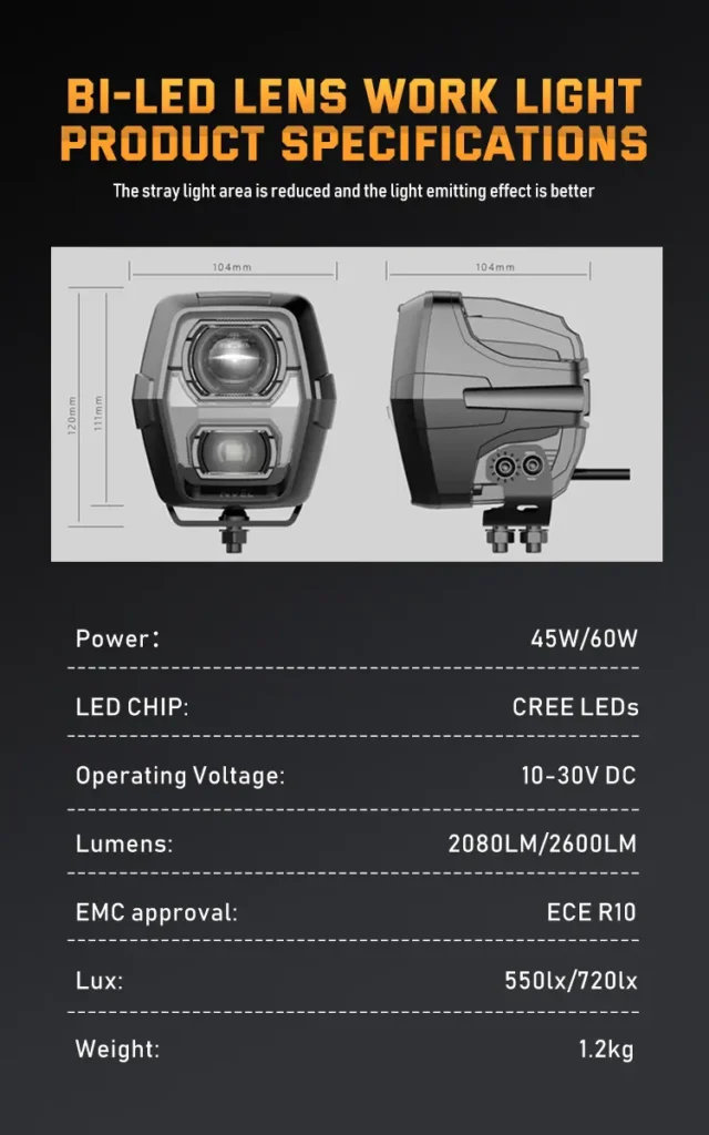 Product specification sheet and dimensions diagram (104mm x 120mm) for 45W 60W Bi-LED lens work light with 10-30V DC operating voltage
