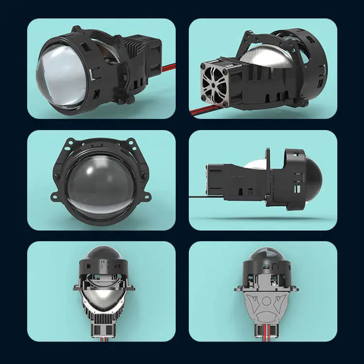 X9 3-inch Bi-LED projector lens displayed in six distinct angles showing dual-reflector housing and mounting structure