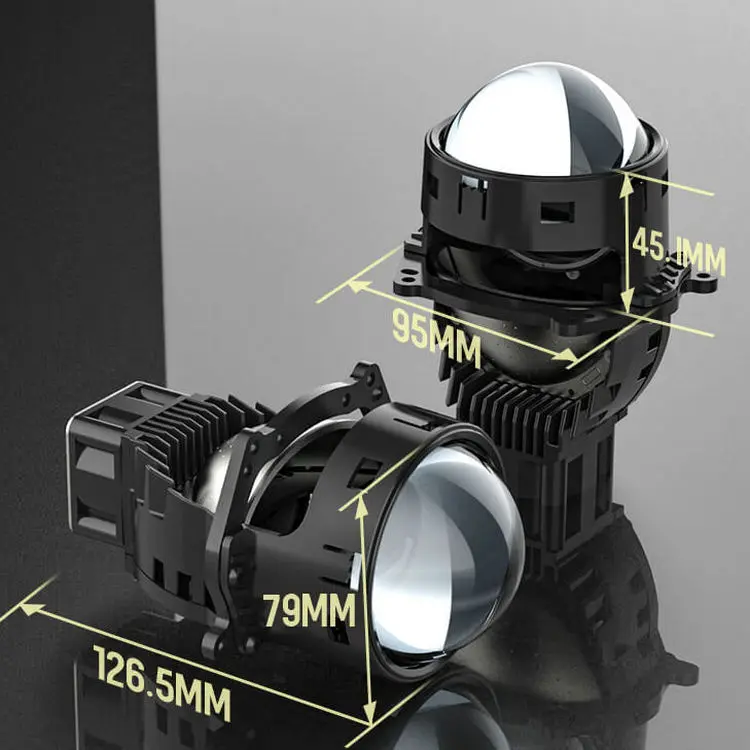 Detailed dimension measurements of X9 Bi-LED projector lens with 126.5mm length and 79mm height